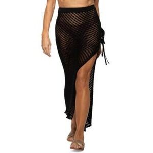 Dotti Crochet Maxi Skirt Cover Up Women Large Black Side Slit Bias Knit Boho NWT